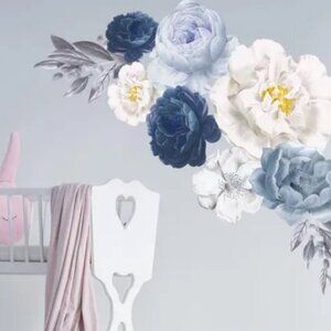 NEW Floral Wall Stickers Elegant Oversized Peonies Decor‎ Flowers Blue Baby Room